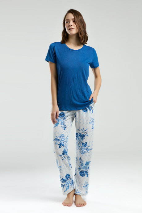 Pierre Cardin Kadın Pamuklu Bisiklet Yaka Pigment Baskılı Yazlık Regular Fit Mavi Pijama Takımı PC8968-S-V1 - 2