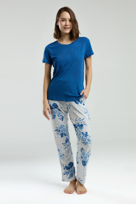 Pierre Cardin Kadın Pamuklu Bisiklet Yaka Pigment Baskılı Yazlık Regular Fit Mavi Pijama Takımı PC8968-S-V1 - 3