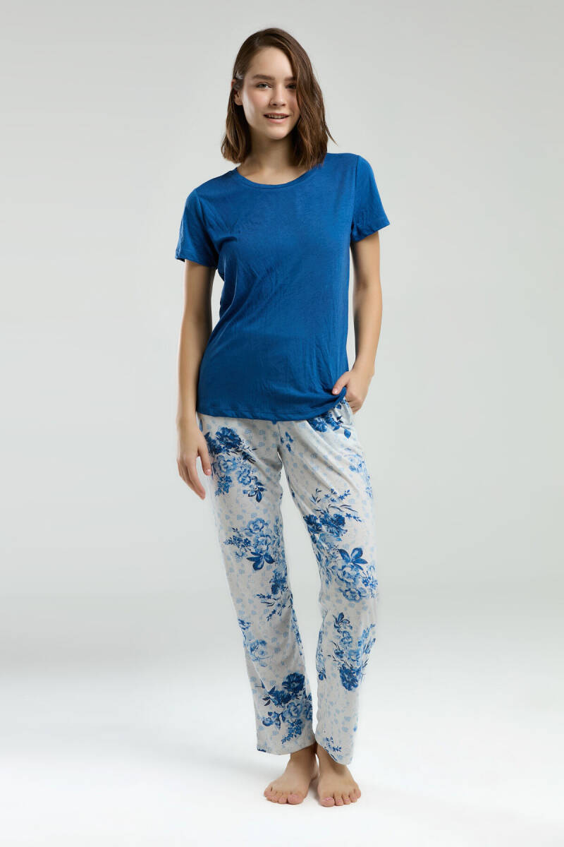 Pierre Cardin Kadın Pamuklu Bisiklet Yaka Pigment Baskılı Yazlık Regular Fit Mavi Pijama Takımı PC8968-S-V1 - 3
