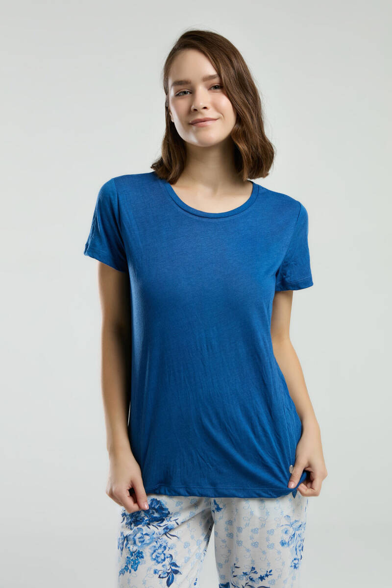 Pierre Cardin Kadın Pamuklu Bisiklet Yaka Pigment Baskılı Yazlık Regular Fit Mavi Pijama Takımı PC8968-S-V1 - 4