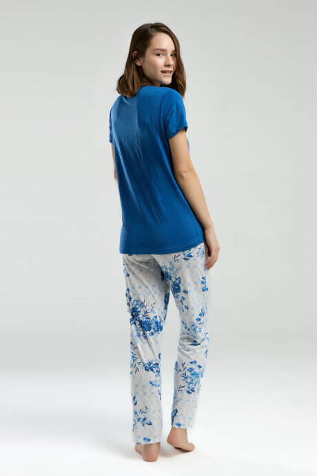 Pierre Cardin Kadın Pamuklu Bisiklet Yaka Pigment Baskılı Yazlık Regular Fit Mavi Pijama Takımı PC8968-S-V1 - 5