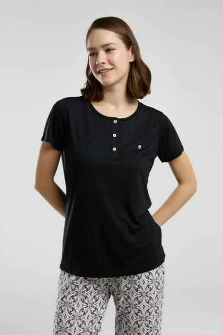 Pierre Cardin Kadın Hakim Yaka Pigment Baskılı Yazlık Regular Fit Siyah Pijama Takımı PC8961-S-V2