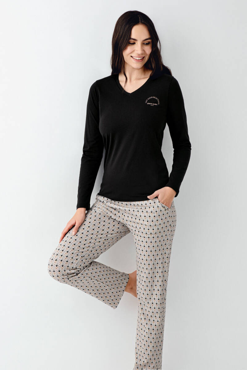 Pierre Cardin Kadın Pamuklu Bisiklet Yaka Pigment Baskılı Kışlık Regular Fit Siyah Pijama Takımı PC9101-S-V1 - 2