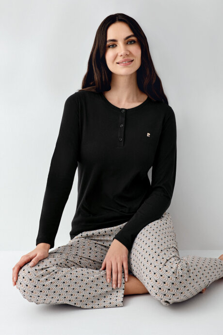 Pierre Cardin Kadın Pamuklu Bisiklet Yaka Pigment Baskılı Kışlık Regular Fit Siyah Pijama Takımı PC9102-S-V1