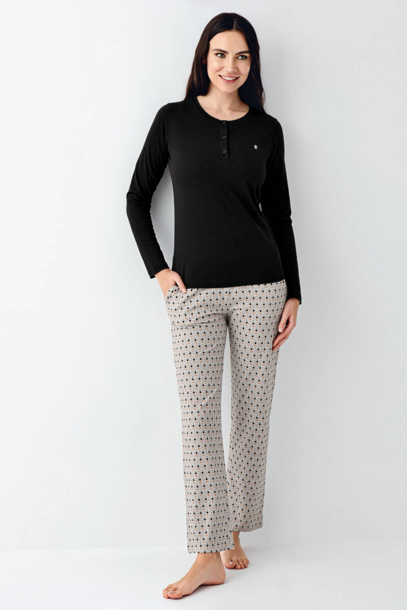 Pierre Cardin Kadın Pamuklu Bisiklet Yaka Pigment Baskılı Kışlık Regular Fit Siyah Pijama Takımı PC9102-S-V1 - 2