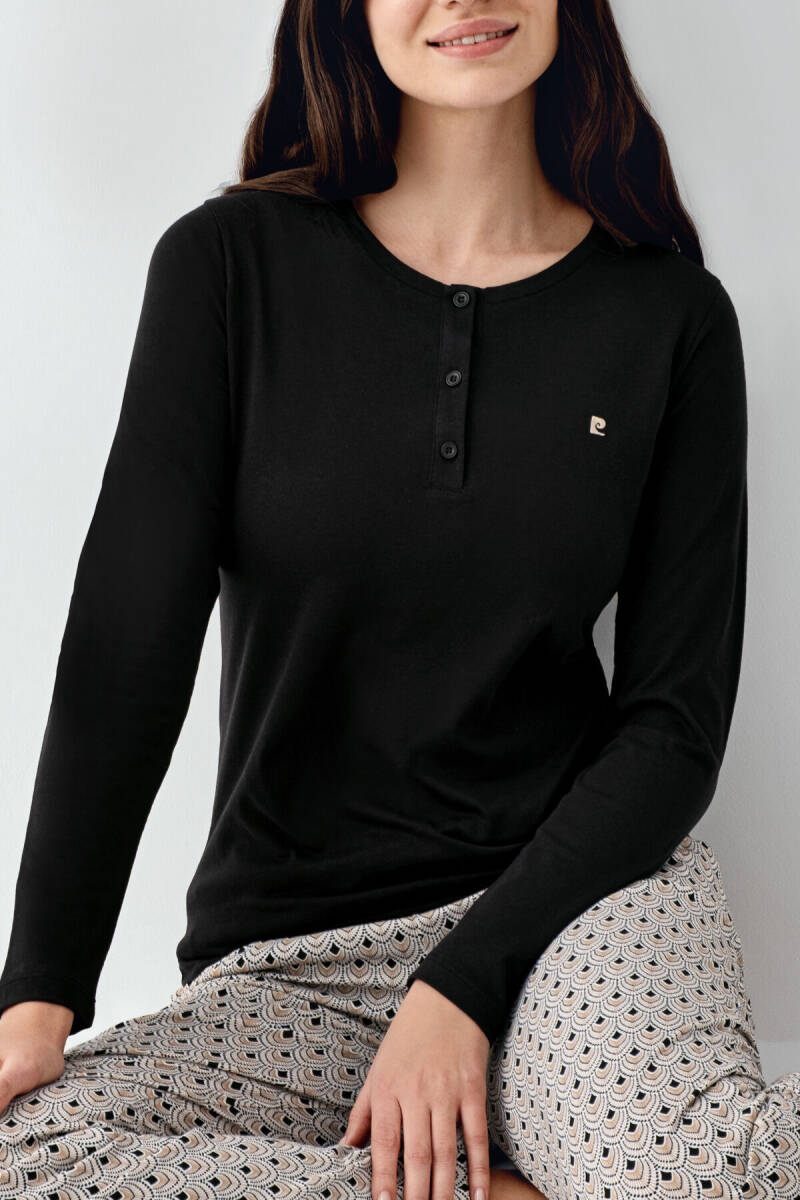 Pierre Cardin Kadın Pamuklu Bisiklet Yaka Pigment Baskılı Kışlık Regular Fit Siyah Pijama Takımı PC9102-S-V1 - 3