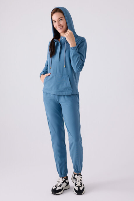 Pierre Cardin Kadın Pamuklu Kapüşonlu Pigment Baskılı Kışlık Regular Fit Mavi Pijama Takımı PC8924-S-V2 - 4