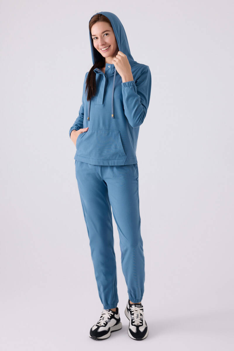 Pierre Cardin Kadın Pamuklu Kapüşonlu Pigment Baskılı Kışlık Regular Fit Mavi Pijama Takımı PC8924-S-V2 - 4