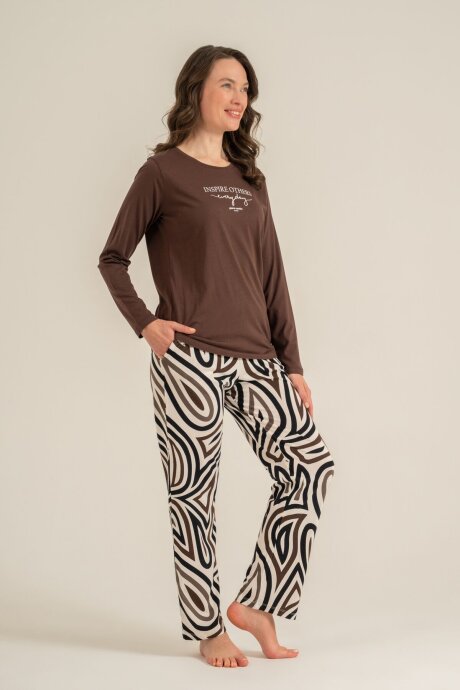Pierre Cardin Kadın Pamuklu Inspire Others Everyday Kahverengi Uzun Kol Pijama Takım PC9280-S-V2 (1)