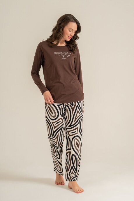 Pierre Cardin Kadın Pamuklu Inspire Others Everyday Kahverengi Uzun Kol Pijama Takım PC9280-S-V2 - 8