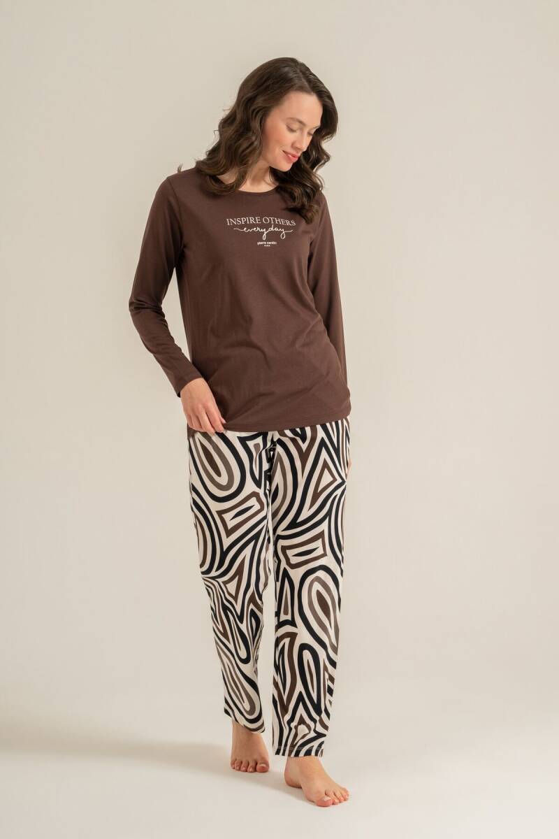 Pierre Cardin Kadın Pamuklu Inspire Others Everyday Kahverengi Uzun Kol Pijama Takım PC9280-S-V2 - 8