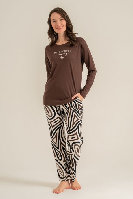 Pierre Cardin Kadın Pamuklu Inspire Others Everyday Kahverengi Uzun Kol Pijama Takım PC9280-S-V2 - 6