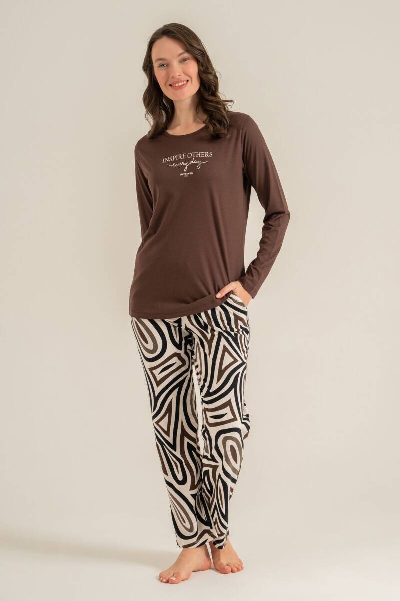 Pierre Cardin Kadın Pamuklu Inspire Others Everyday Kahverengi Uzun Kol Pijama Takım PC9280-S-V2 - 6