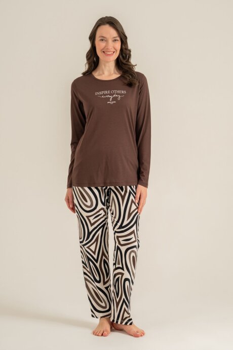 Pierre Cardin Kadın Pamuklu Inspire Others Everyday Kahverengi Uzun Kol Pijama Takım PC9280-S-V2 - 3