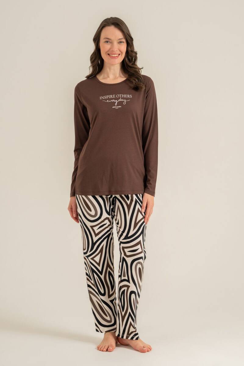 Pierre Cardin Kadın Pamuklu Inspire Others Everyday Kahverengi Uzun Kol Pijama Takım PC9280-S-V2 - 3