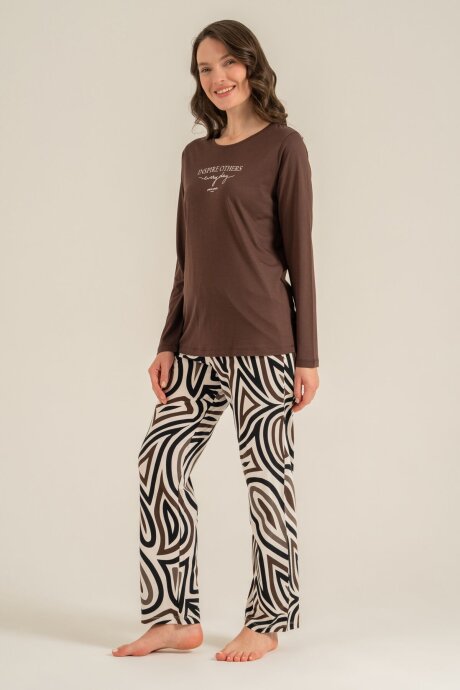 Pierre Cardin Kadın Pamuklu Inspire Others Everyday Kahverengi Uzun Kol Pijama Takım PC9280-S-V2 - 7