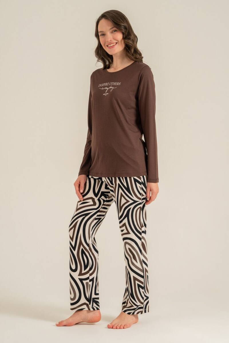 Pierre Cardin Kadın Pamuklu Inspire Others Everyday Kahverengi Uzun Kol Pijama Takım PC9280-S-V2 - 7