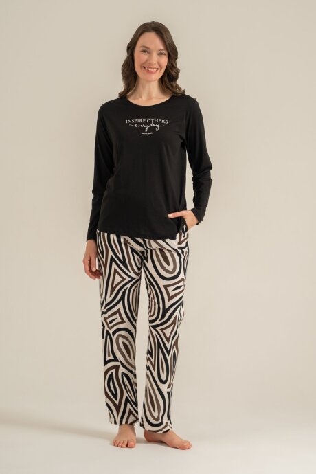 Pierre Cardin Kadın Pamuklu Inspire Others Everyday Siyah Uzun Kol Pijama Takım PC9280-S-V1