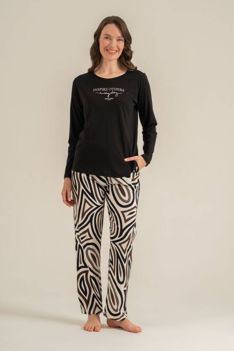 Pierre Cardin Kadın Pamuklu Inspire Others Everyday Siyah Uzun Kol Pijama Takım PC9280-S-V1 - 1