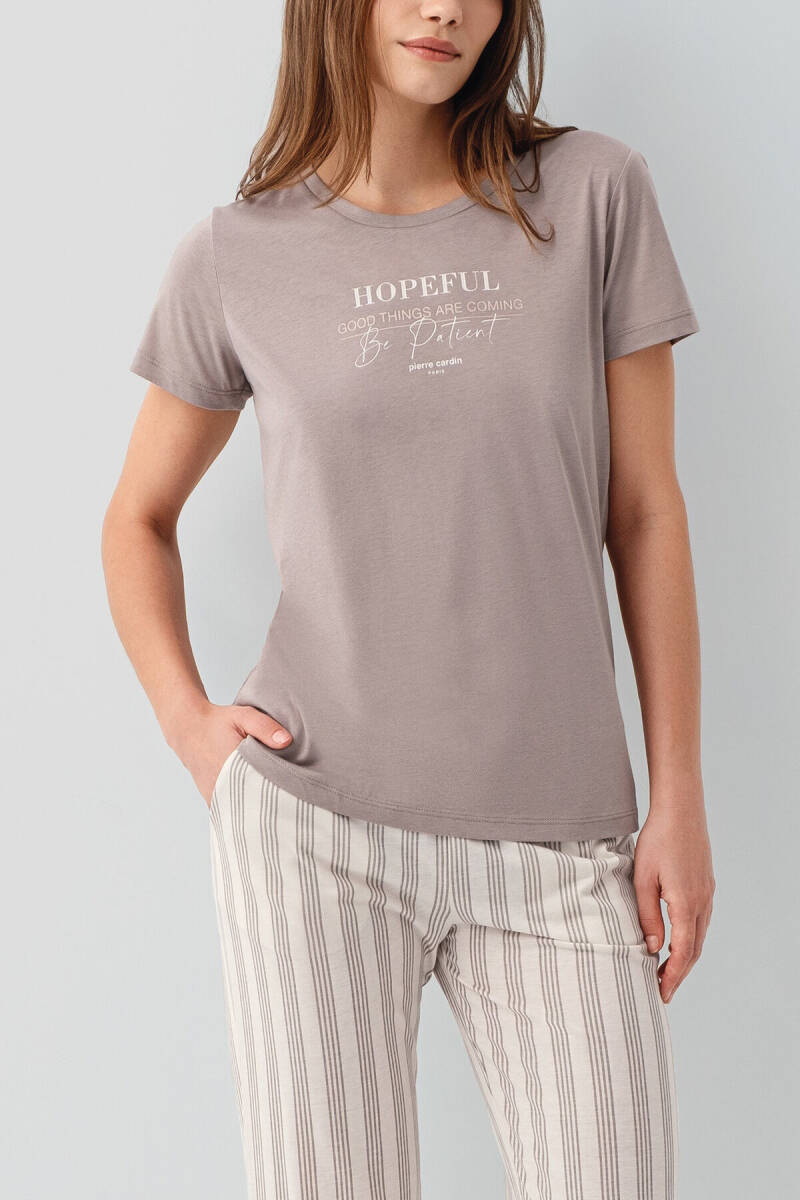 Pierre Cardin Kadın Pamuklu Bisiklet Yaka Nakışlı Yazlık Regular Fit Kahverengi Pijama Takımı PC9176-S-V1 - 3