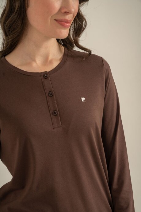 Pierre Cardin Kadın Pamuklu Kahverengi Uzun Kol Nakışlı Pijama Takım PC9275-S-V1 - 7