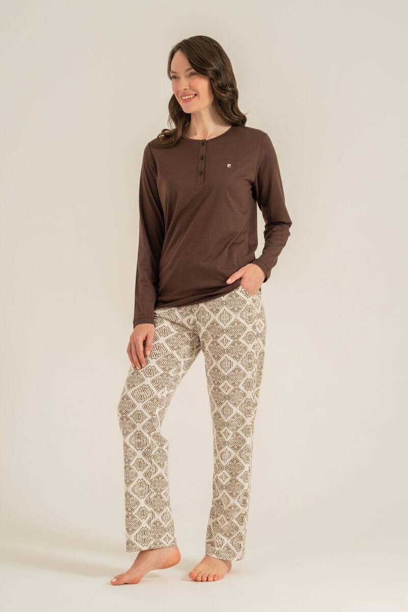 Pierre Cardin Kadın Pamuklu Kahverengi Uzun Kol Nakışlı Pijama Takım PC9275-S-V1 - 1