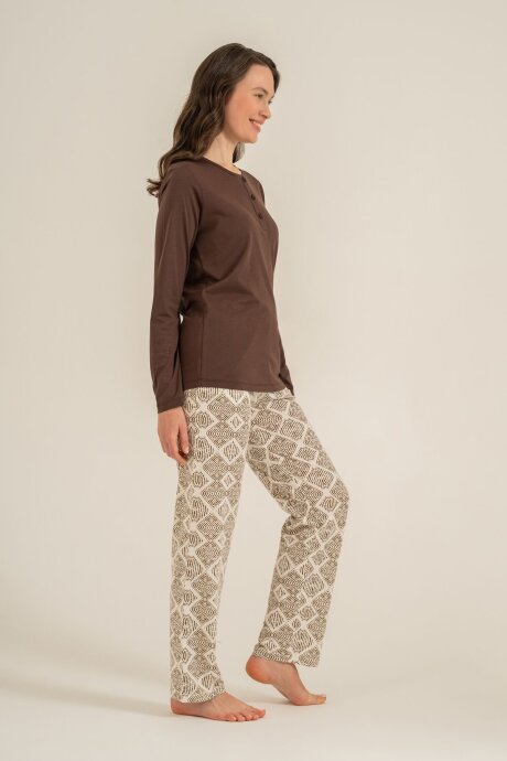 Pierre Cardin Kadın Pamuklu Kahverengi Uzun Kol Nakışlı Pijama Takım PC9275-S-V1 - 6