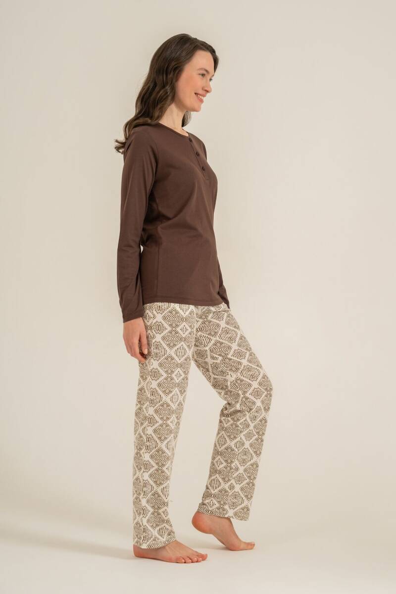 Pierre Cardin Kadın Pamuklu Kahverengi Uzun Kol Nakışlı Pijama Takım PC9275-S-V1 - 6
