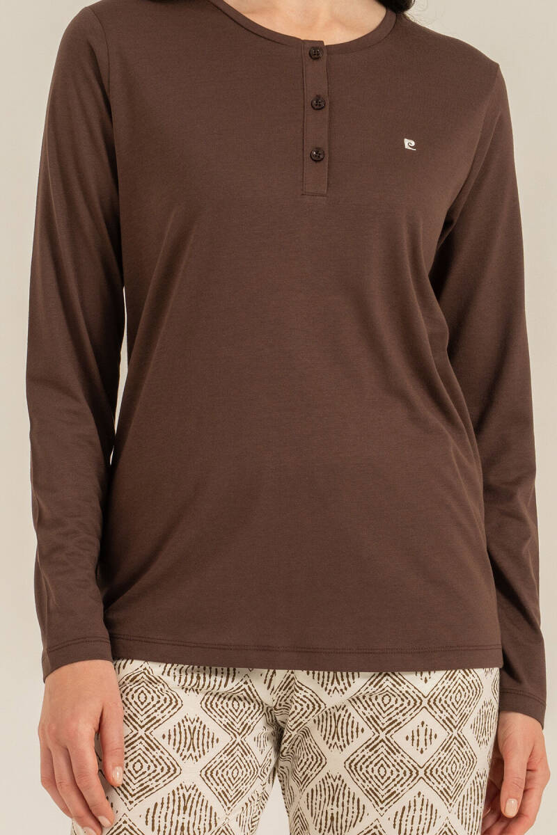 Pierre Cardin Kadın Pamuklu Kahverengi Uzun Kol Nakışlı Pijama Takım PC9275-S-V1 - 3