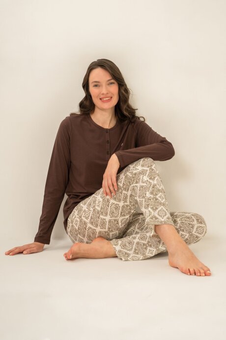 Pierre Cardin Kadın Pamuklu Kahverengi Uzun Kol Nakışlı Pijama Takım PC9275-S-V1 (1)