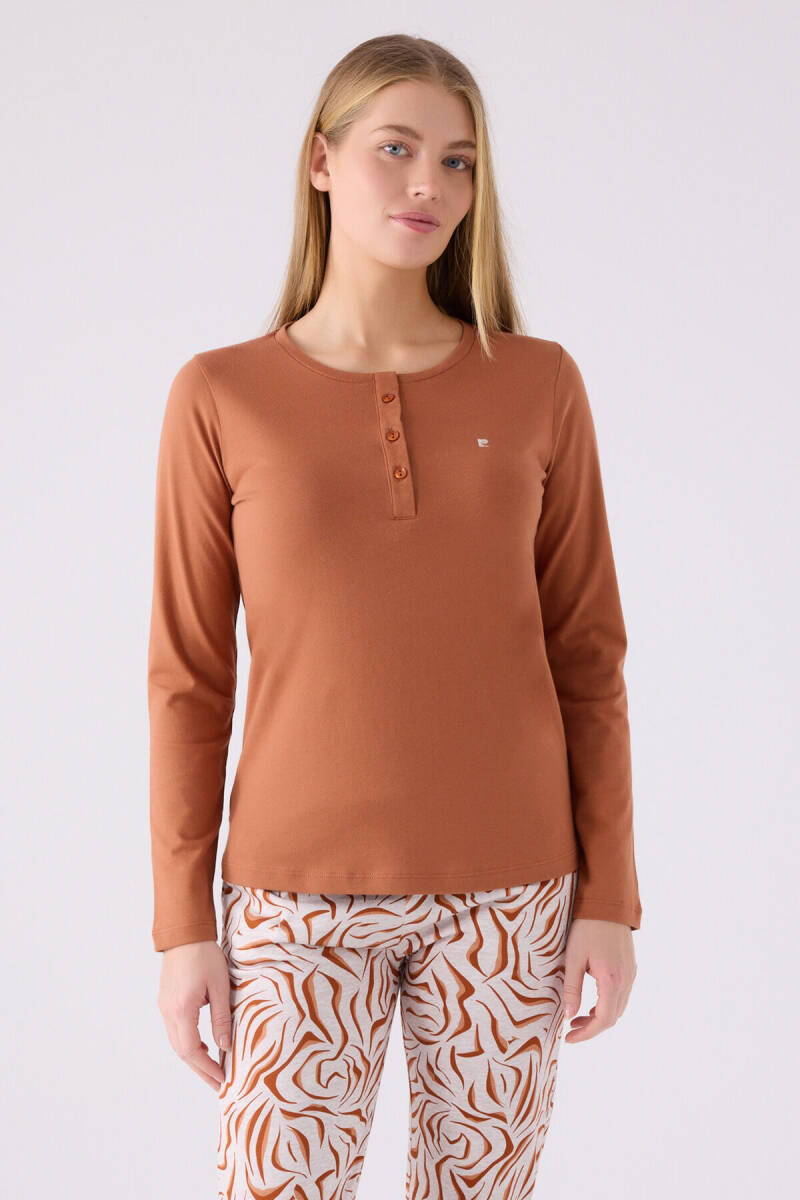 Pierre Cardin Kadın Pamuklu Hakim Yaka Pigment Baskılı Kışlık Regular Fit Kahverengi Pijama Takımı PC8862-S-V1 - 2