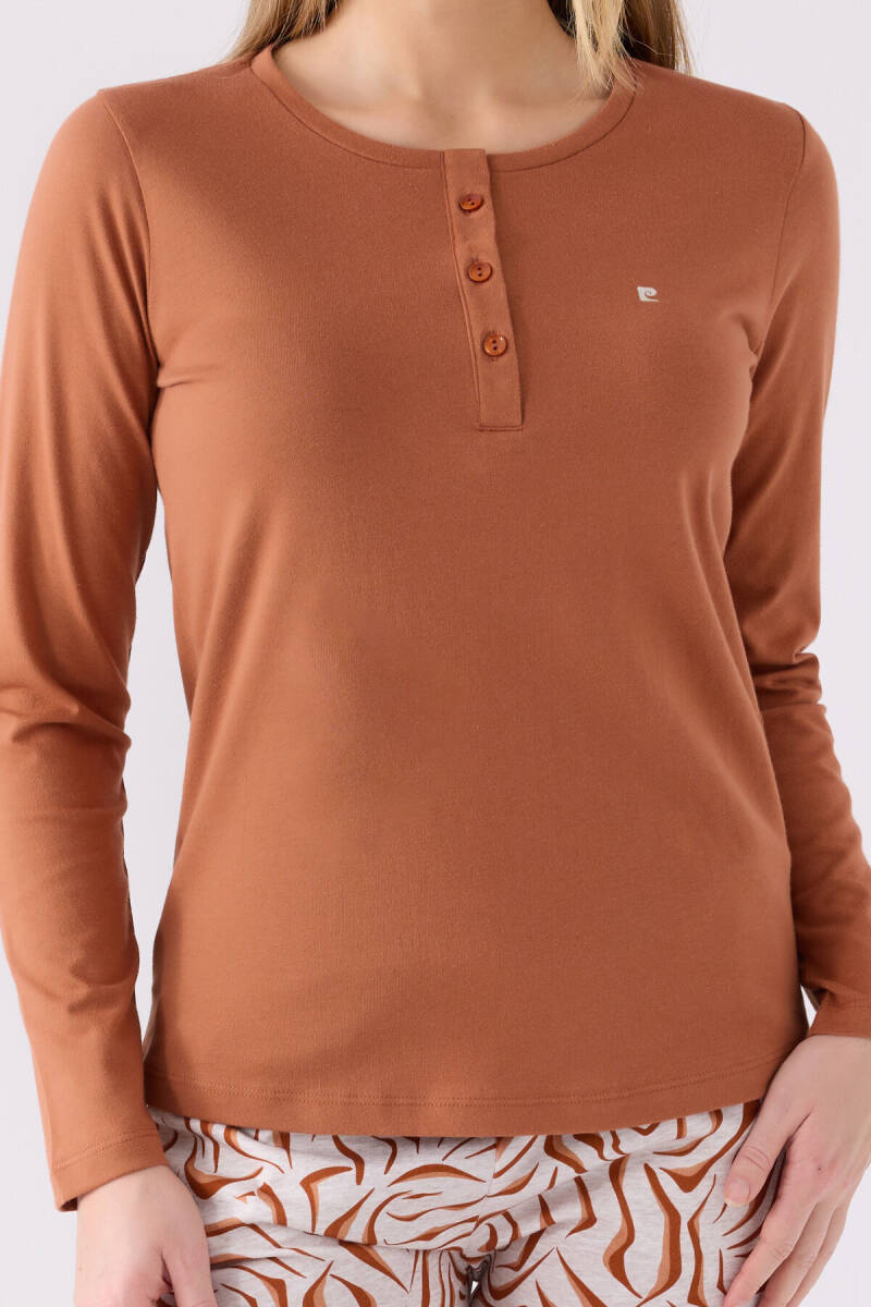 Pierre Cardin Kadın Pamuklu Hakim Yaka Pigment Baskılı Kışlık Regular Fit Kahverengi Pijama Takımı PC8862-S-V1 - 4