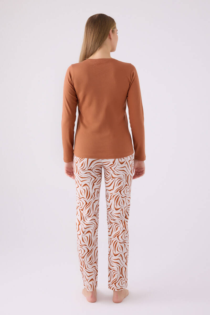 Pierre Cardin Kadın Pamuklu Hakim Yaka Pigment Baskılı Kışlık Regular Fit Kahverengi Pijama Takımı PC8862-S-V1 - 5