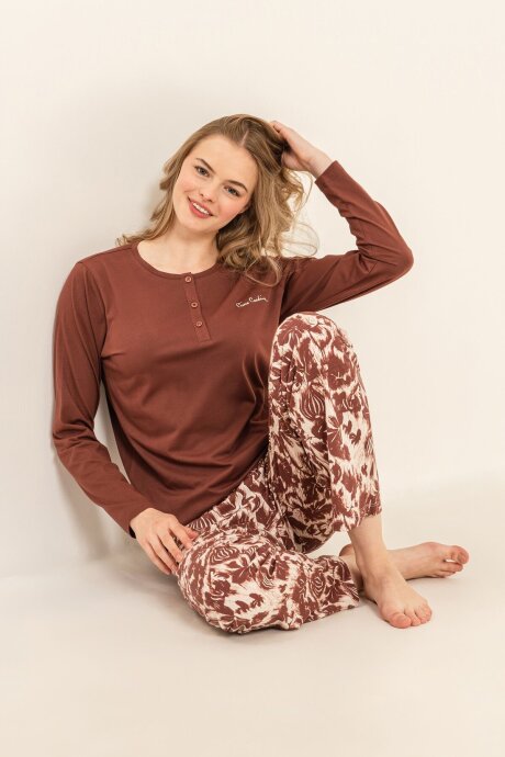 Pierre Cardin Kadın Pamuklu Kahverengi Uzun Kol Pijama Takım PC9264-S-V1 - 8