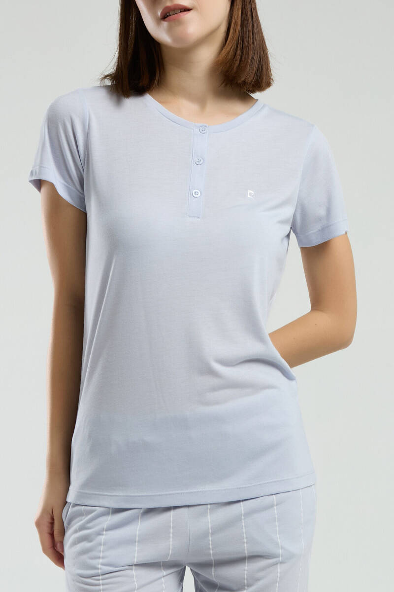 Pierre Cardin Kadın Pamuklu Düğmeli Yaka Pigment Baskılı Yazlık Regular Fit Mavi Kapri Takım PC8979-S-V1 - 4