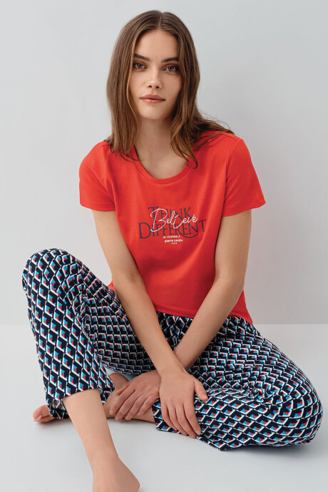 Pierre Cardin Kadın Bisiklet Yaka Nakışlı Yazlık Regular Fit Kırmızı Pijama Takımı PC9157-S-V1