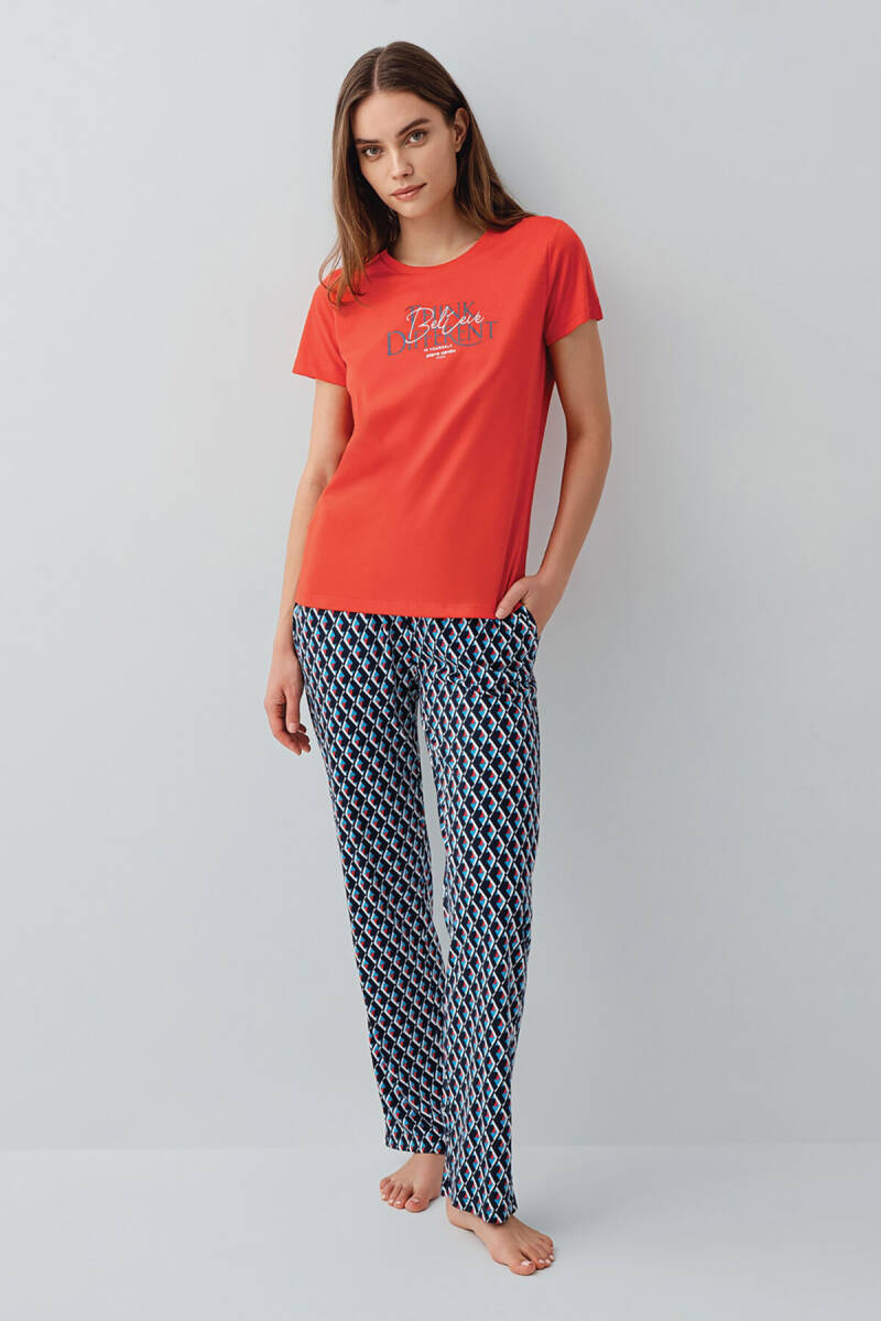 Pierre Cardin Kadın Pamuklu Bisiklet Yaka Nakışlı Yazlık Regular Fit Kırmızı Pijama Takımı PC9157-S-V1 - 2