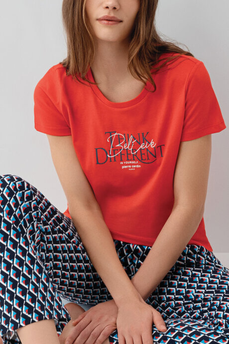 Pierre Cardin Kadın Pamuklu Bisiklet Yaka Nakışlı Yazlık Regular Fit Kırmızı Pijama Takımı PC9157-S-V1 - 3