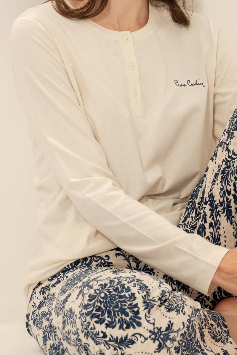 Pierre Cardin Kadın Pamuklu Krem Düğmeli Yaka Uzun Kol Pijama Takım PC9285-S-V2 - 3