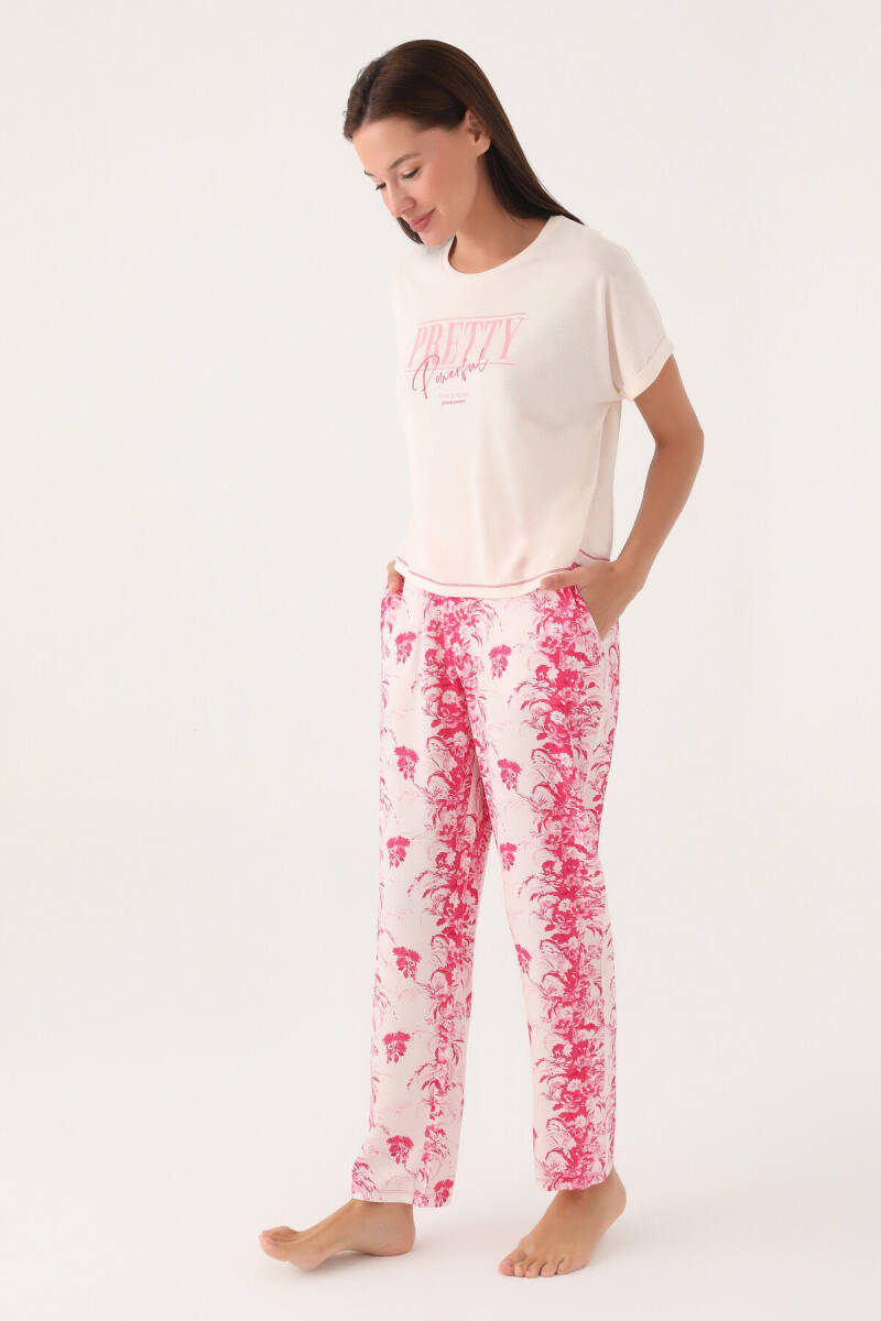 Pierre Cardin Kadın Pamuklu Bisiklet Yaka Pigment Baskılı Yazlık Regular Fit Pembe Pijama Takımı PC8830-S-V1 - 1