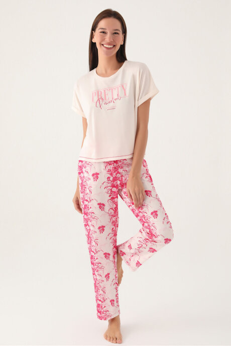 Pierre Cardin Kadın Pamuklu Bisiklet Yaka Pigment Baskılı Yazlık Regular Fit Pembe Pijama Takımı PC8830-S-V1 - 2
