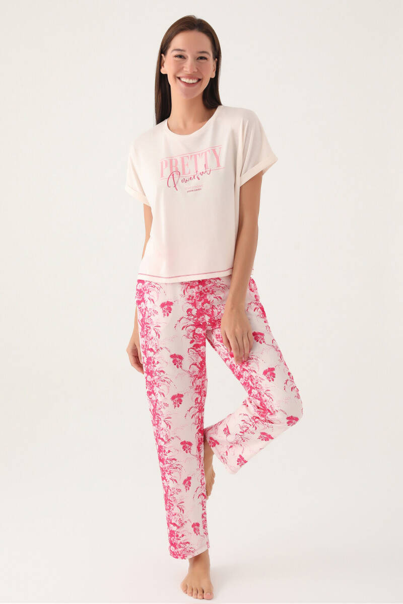 Pierre Cardin Kadın Pamuklu Bisiklet Yaka Pigment Baskılı Yazlık Regular Fit Pembe Pijama Takımı PC8830-S-V1 - 2