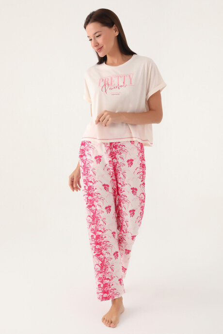 Pierre Cardin Kadın Pamuklu Bisiklet Yaka Pigment Baskılı Yazlık Regular Fit Pembe Pijama Takımı PC8830-S-V1 - 3