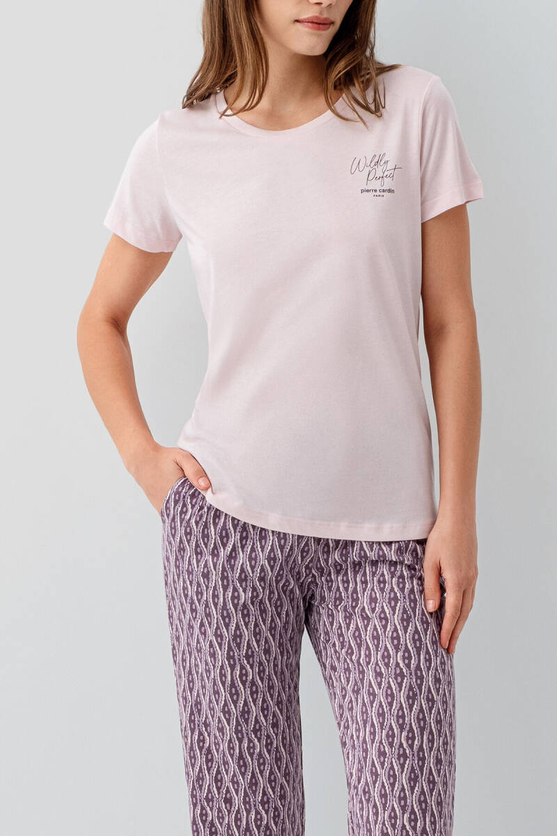 Pierre Cardin Kadın Pamuklu Bisiklet Yaka Nakışlı Yazlık Regular Fit Pembe Pijama Takımı PC9182-S-V2 - 3
