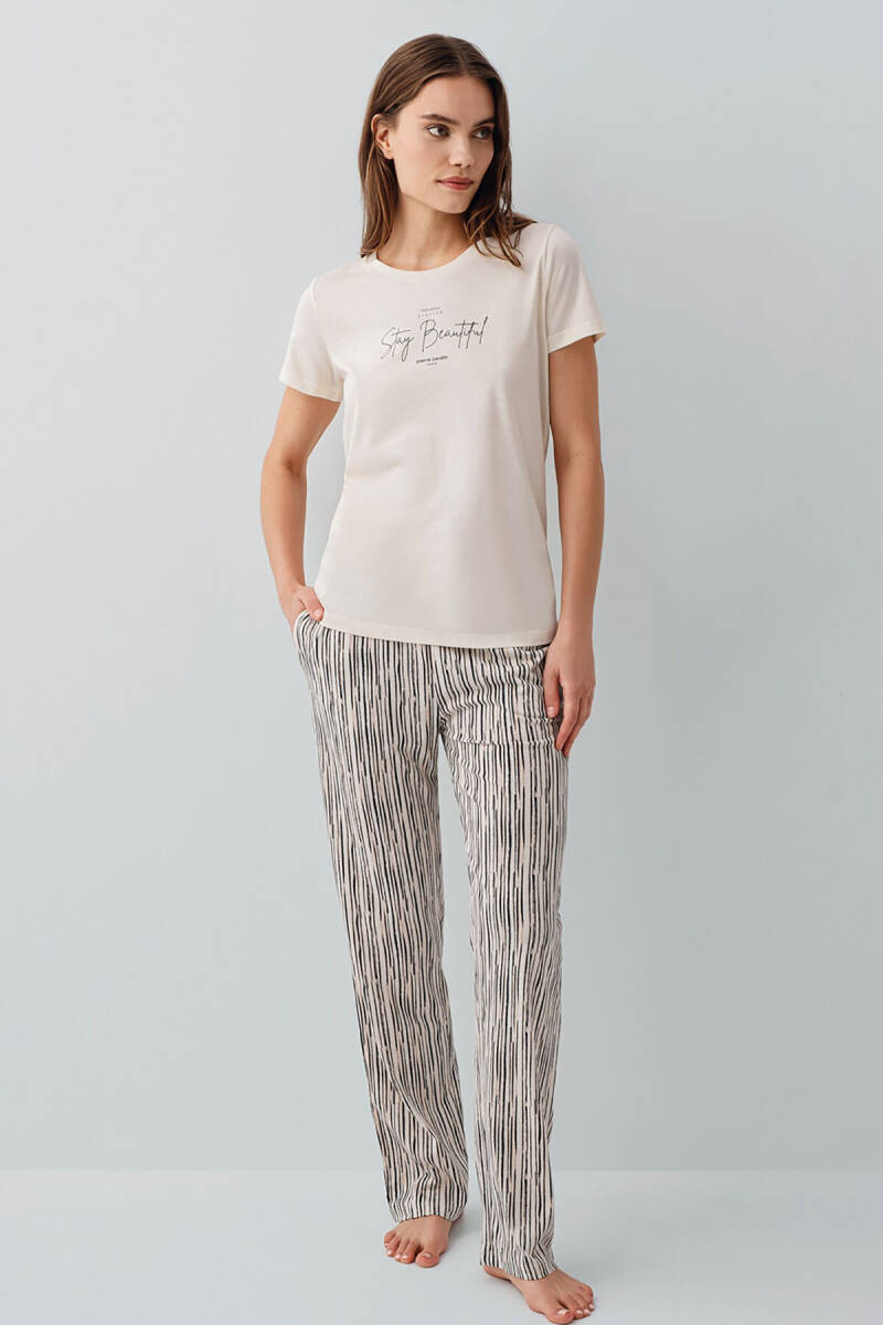 Pierre Cardin Kadın Pamuklu Bisiklet Yaka Nakışlı Yazlık Regular Fit Krem Pijama Takımı PC9188-S-V2 - 2