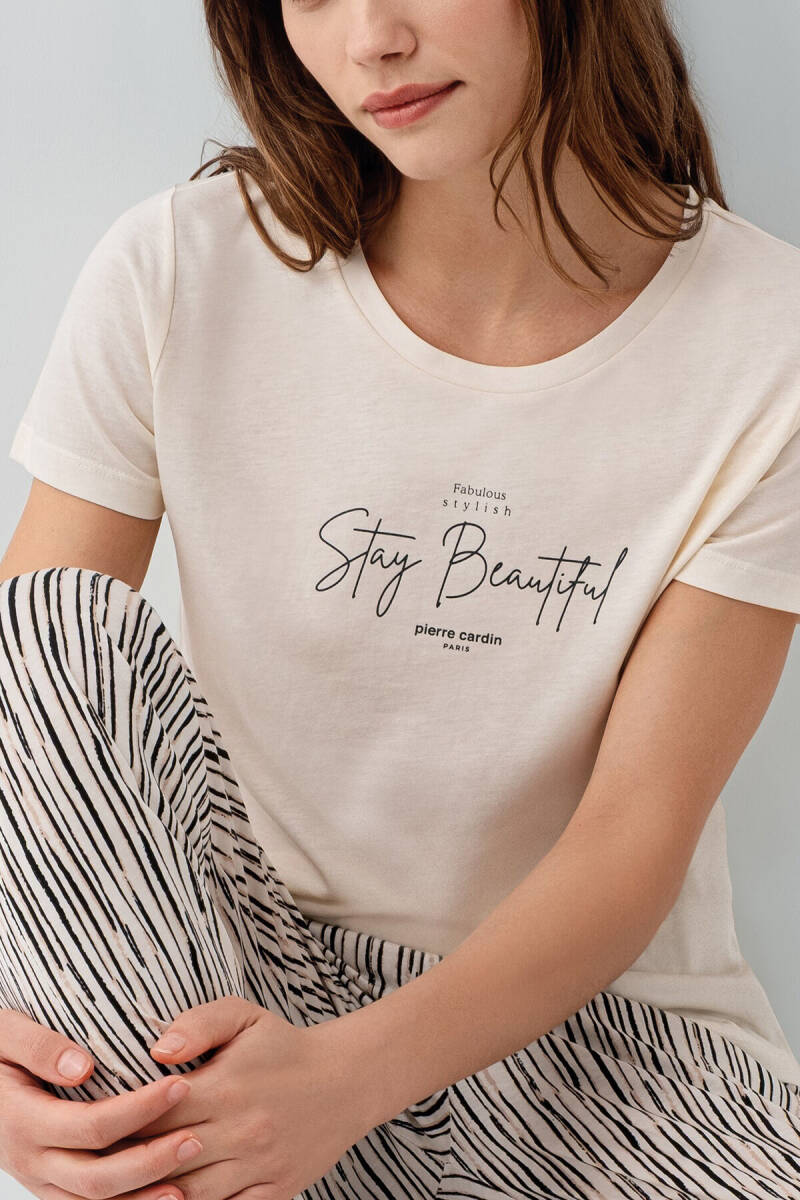 Pierre Cardin Kadın Pamuklu Bisiklet Yaka Nakışlı Yazlık Regular Fit Krem Pijama Takımı PC9188-S-V2 - 3