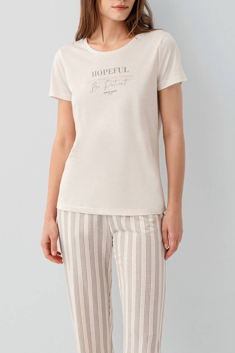Pierre Cardin Kadın Pamuklu Bisiklet Yaka Nakışlı Yazlık Regular Fit Krem Pijama Takımı PC9176-S-V2 - 3