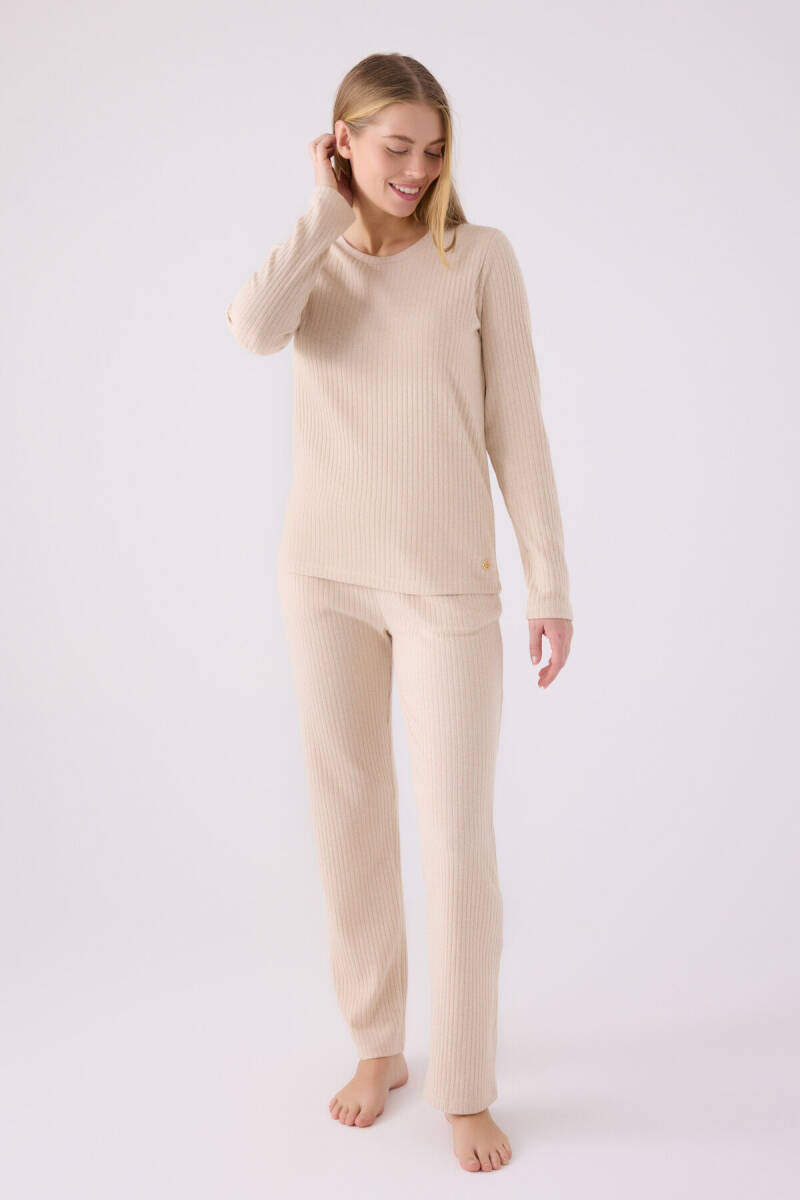 Pierre Cardin Kadın Pamuklu Bisiklet Yaka Pigment Baskılı Kışlık Regular Fit Krem Pijama Takımı PC8908-S-V3 - 3
