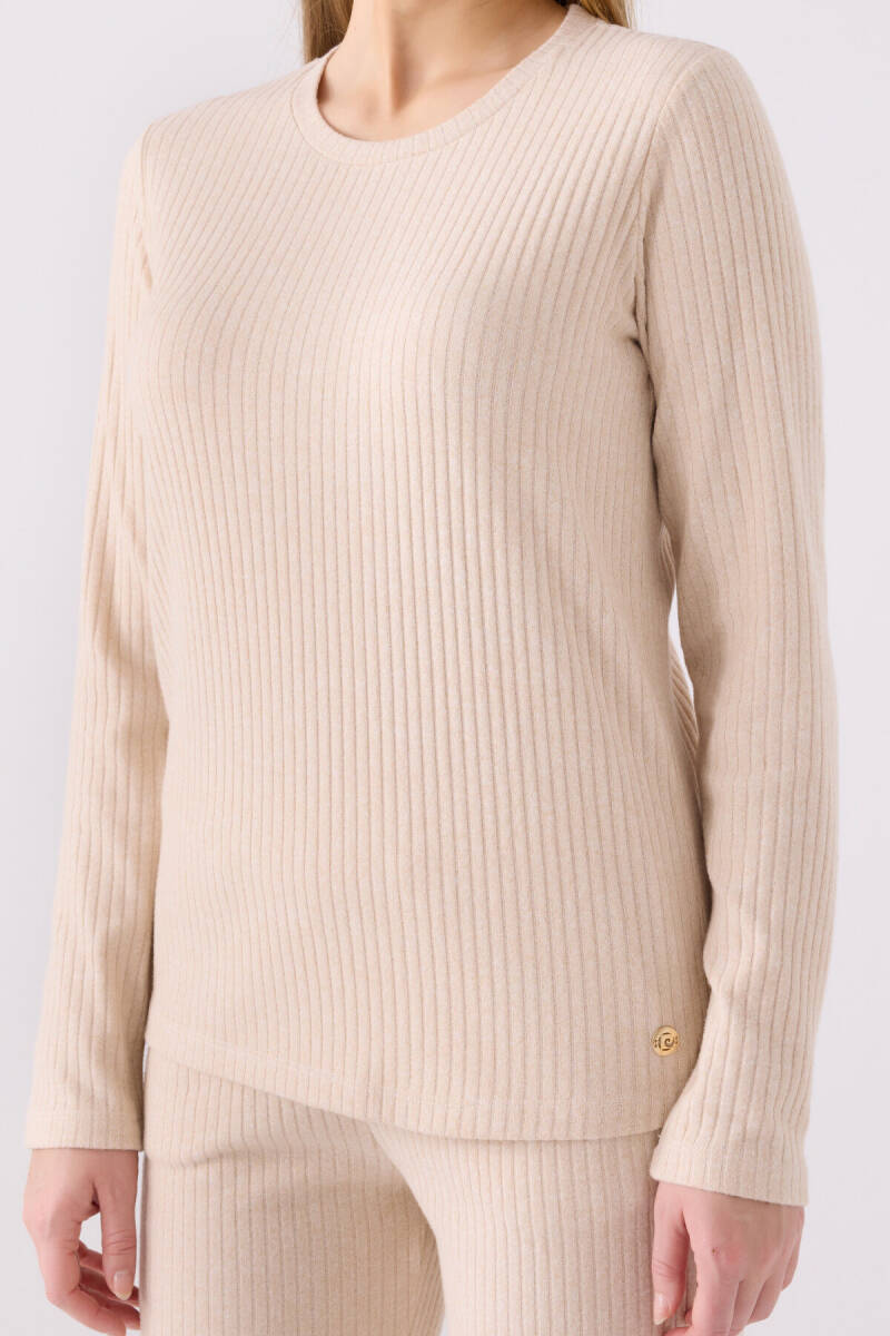 Pierre Cardin Kadın Pamuklu Bisiklet Yaka Pigment Baskılı Kışlık Regular Fit Krem Pijama Takımı PC8908-S-V3 - 4