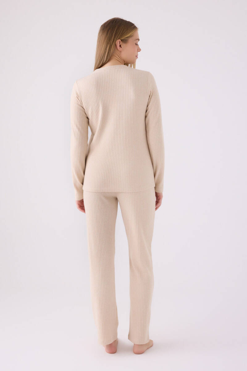 Pierre Cardin Kadın Pamuklu Bisiklet Yaka Pigment Baskılı Kışlık Regular Fit Krem Pijama Takımı PC8908-S-V3 - 5